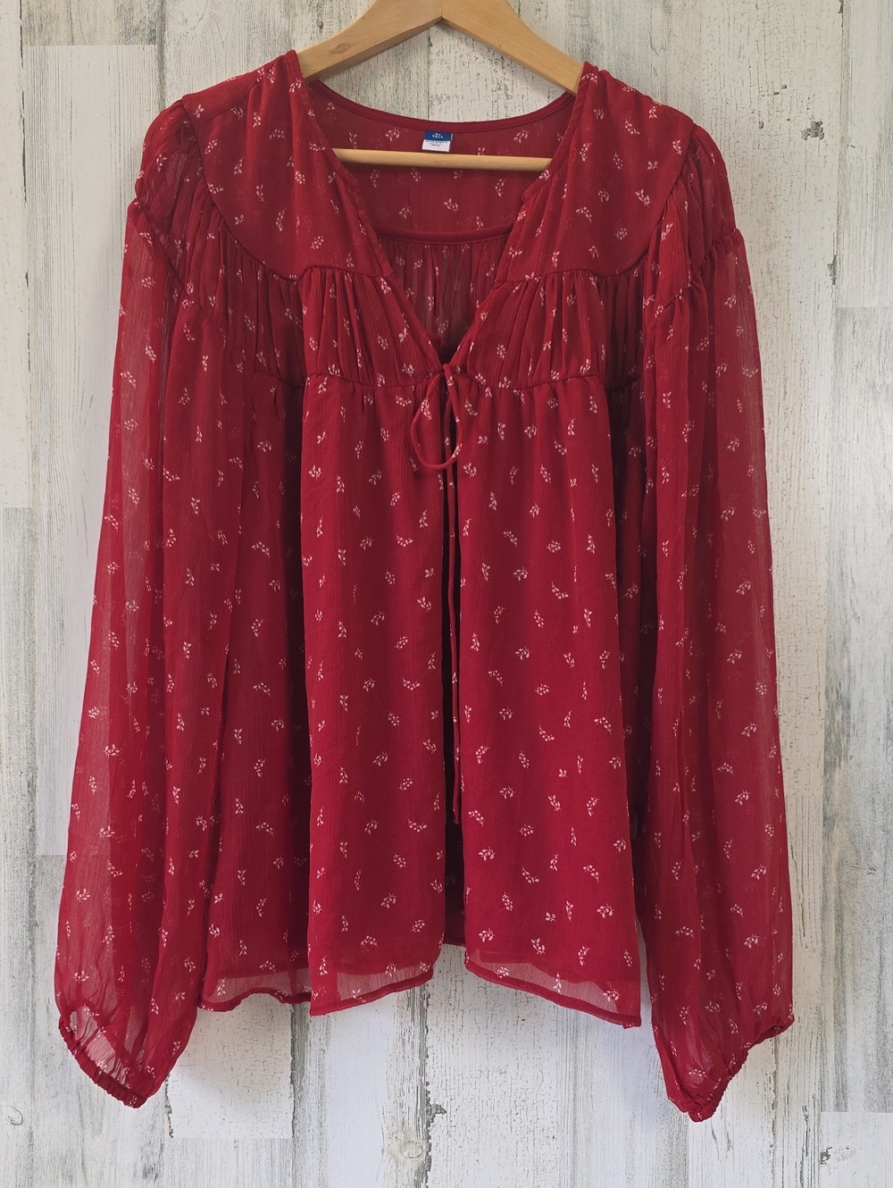 Old Navy Cranberry Red Sheer Lined Peasant Floral Tie-Front Blouse Size XL TALL